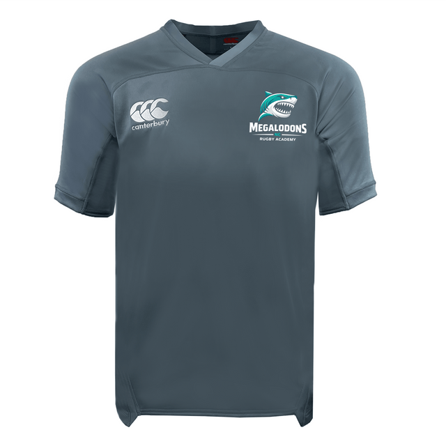 The NC Rugby Academy - Megalodons Vapodri Evader Jersey by EMB Canterbury features short sleeves, "Canterbury" and "Megalodons Rugby Academy" logos, a shark graphic, and moisture-wicking fabric for cool comfort on the field.