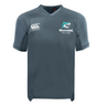 The NC Rugby Academy - Megalodons Vapodri Evader Jersey by EMB Canterbury features short sleeves, "Canterbury" and "Megalodons Rugby Academy" logos, a shark graphic, and moisture-wicking fabric for cool comfort on the field.
