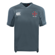 Gray short-sleeve SF CDME Rugby Vapodri Evader Jersey by EMB Canterbury, featuring advanced moisture-wicking Vapodri technology, adorned with a white EMB Canterbury logo on the right chest and a red cross emblem with "CORIE RUGBY" on the left chest—designed in the classic style of the Canterbury Evader jersey.