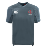Gray short-sleeve SF CDME Rugby Vapodri Evader Jersey by EMB Canterbury, featuring advanced moisture-wicking Vapodri technology, adorned with a white EMB Canterbury logo on the right chest and a red cross emblem with "CORIE RUGBY" on the left chest—designed in the classic style of the Canterbury Evader jersey.