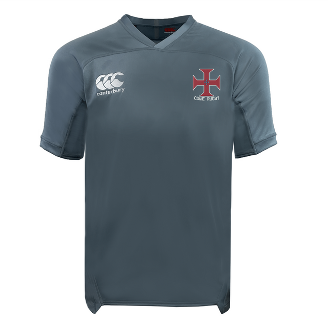 Gray short-sleeve SF CDME Rugby Vapodri Evader Jersey by EMB Canterbury, featuring advanced moisture-wicking Vapodri technology, adorned with a white EMB Canterbury logo on the right chest and a red cross emblem with "CORIE RUGBY" on the left chest—designed in the classic style of the Canterbury Evader jersey.