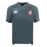 The Montgomery Bucks Griffins Vapodri Evader Jersey by EMB Canterbury is a gray short-sleeve rugby jersey with moisture-wicking technology, logo on right chest, and red lion crest with "METEORS" text on the left.