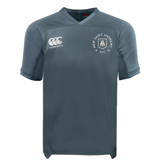 Gray short-sleeve New Saint Andrews College Vapodri Evader Jersey by EMB Canterbury, featuring advanced moisture-wicking technology and displaying a white “New Saint Andrews RFC” logo alongside the Canterbury brand logo on the chest.