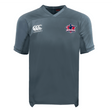 The Nebraska Rugby Referee Society Vapodri Evader Jersey by EMB Canterbury is gray, features the Canterbury logo on the right chest and a Nebraska bison logo on the left, and uses moisture-wicking fabric for comfort.