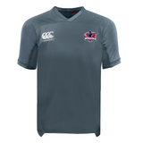 The Nebraska Rugby Referee Society Vapodri Evader Jersey by EMB Canterbury is gray, features the Canterbury logo on the right chest and a Nebraska bison logo on the left, and uses moisture-wicking fabric for comfort.