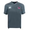 The Nebraska Rugby Referee Society Vapodri Evader Jersey by EMB Canterbury is gray, features the Canterbury logo on the right chest and a Nebraska bison logo on the left, and uses moisture-wicking fabric for comfort.