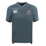 Gray short-sleeved SUNY Maritime Men’s Rugby Vapodri Evader Jersey by Canterbury, featuring a V-neck, moisture-wicking technology, a team logo on the left chest, and a brand logo on the right.