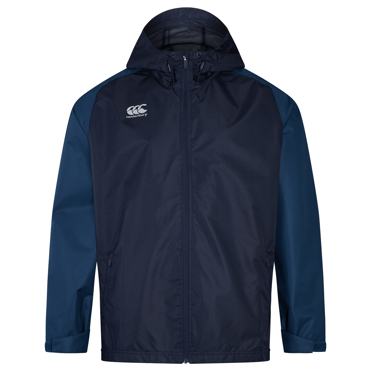 A Canterbury Pro II Vaposhield Full-Zip Water Resistant Jacket in blue and black with a hood.