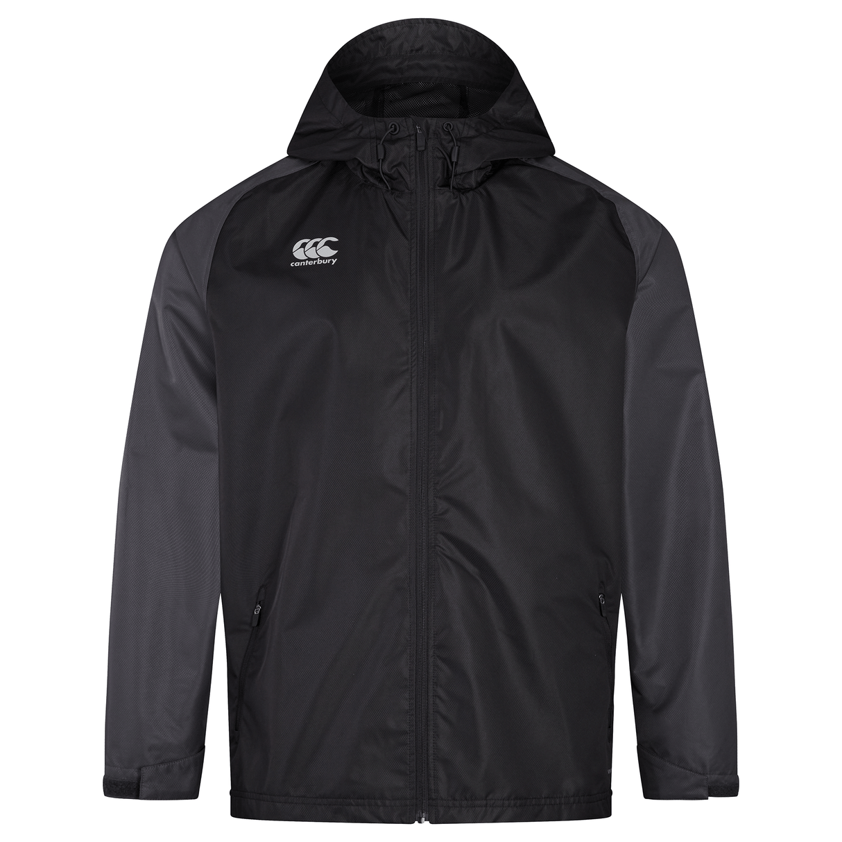 A black Canterbury Pro II Vaposhield Full-Zip Water Resistant Jacket with a hood on it.