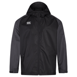 A black Canterbury Pro II Vaposhield Full-Zip Water Resistant Jacket with a hood on it.