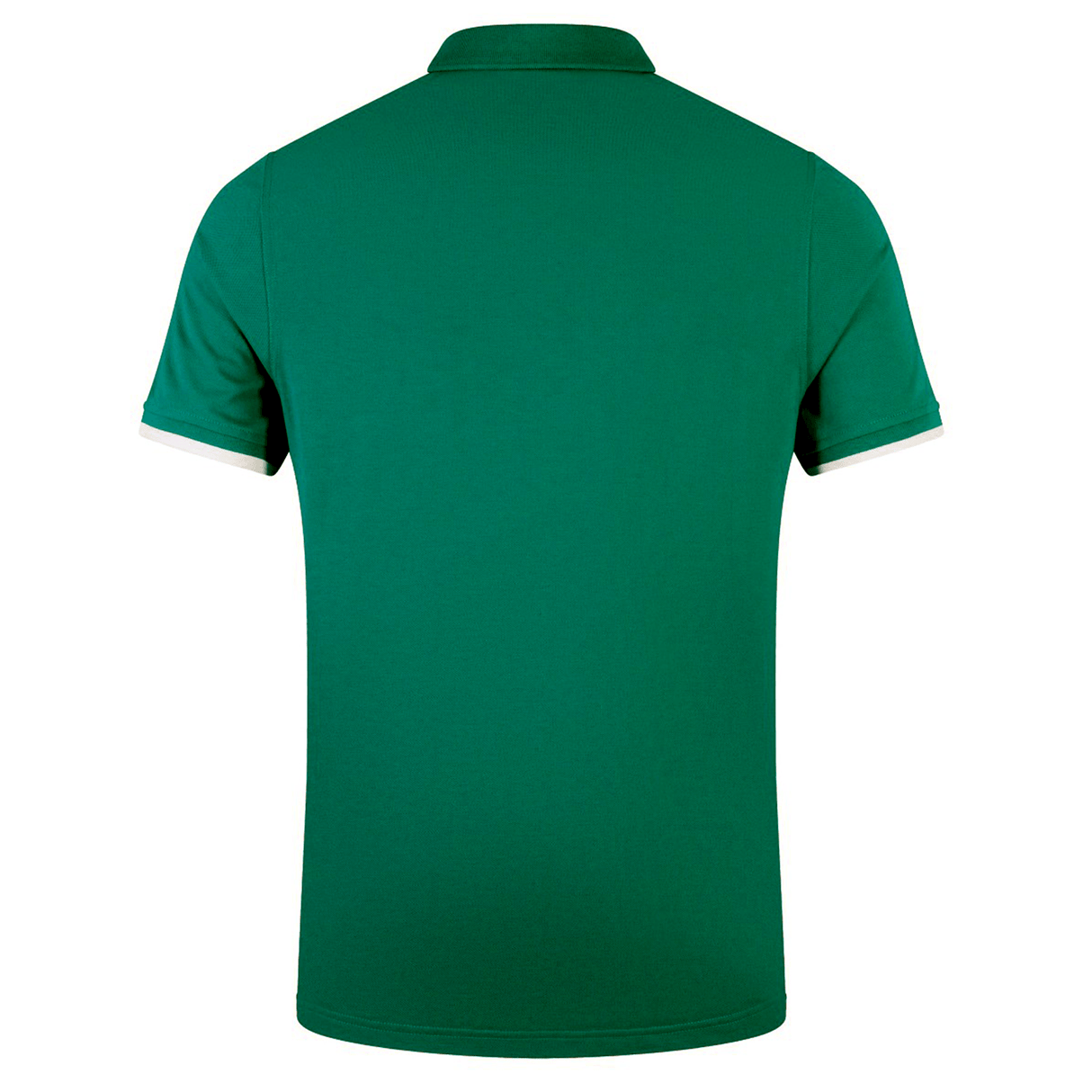 The Ireland 24 Team Polo by Canterbury, shown from the back, features a green cotton design with a ribbed collar and cuffs, short sleeves, and white trim for classic style.