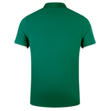 The Ireland 24 Team Polo by Canterbury, shown from the back, features a green cotton design with a ribbed collar and cuffs, short sleeves, and white trim for classic style.
