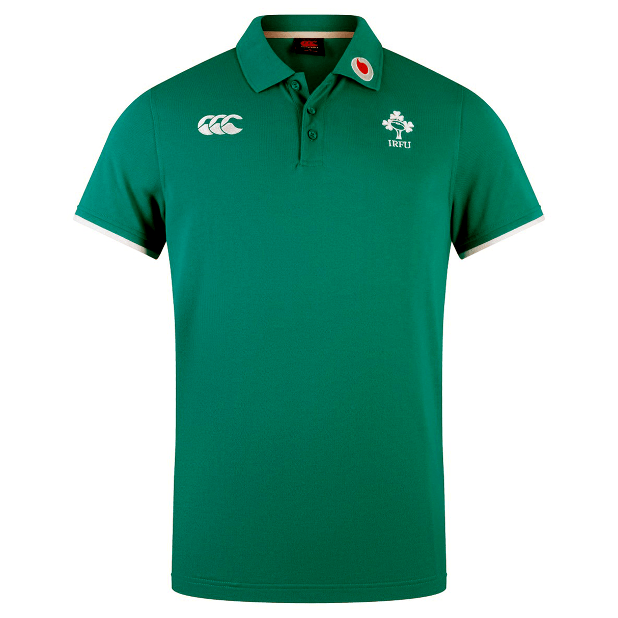 The Ireland 24 Team Polo by Canterbury is a green rugby jersey with white trim, ribbed collar and cuffs, featuring a three-button placket. Emblems include an embroidered shamrock, "IRFU" text, and logo, embodying the spirit of an Ireland Cotton Polo.