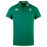 The Ireland 24 Team Polo by Canterbury is a green rugby jersey with white trim, ribbed collar and cuffs, featuring a three-button placket. Emblems include an embroidered shamrock, "IRFU" text, and logo, embodying the spirit of an Ireland Cotton Polo.