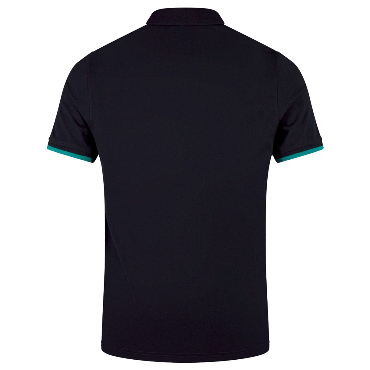 Back view of the Ireland 24 Team Polo by Canterbury, a black polo with short sleeves and green trim, showcasing a ribbed collar and cuffs for added style.