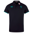 The Ireland 24 Team Polo by Canterbury is a black cotton polo with green accents, featuring a ribbed collar and cuffs, classic clover emblem, "IRFU" text, and embroidered chest logos.
