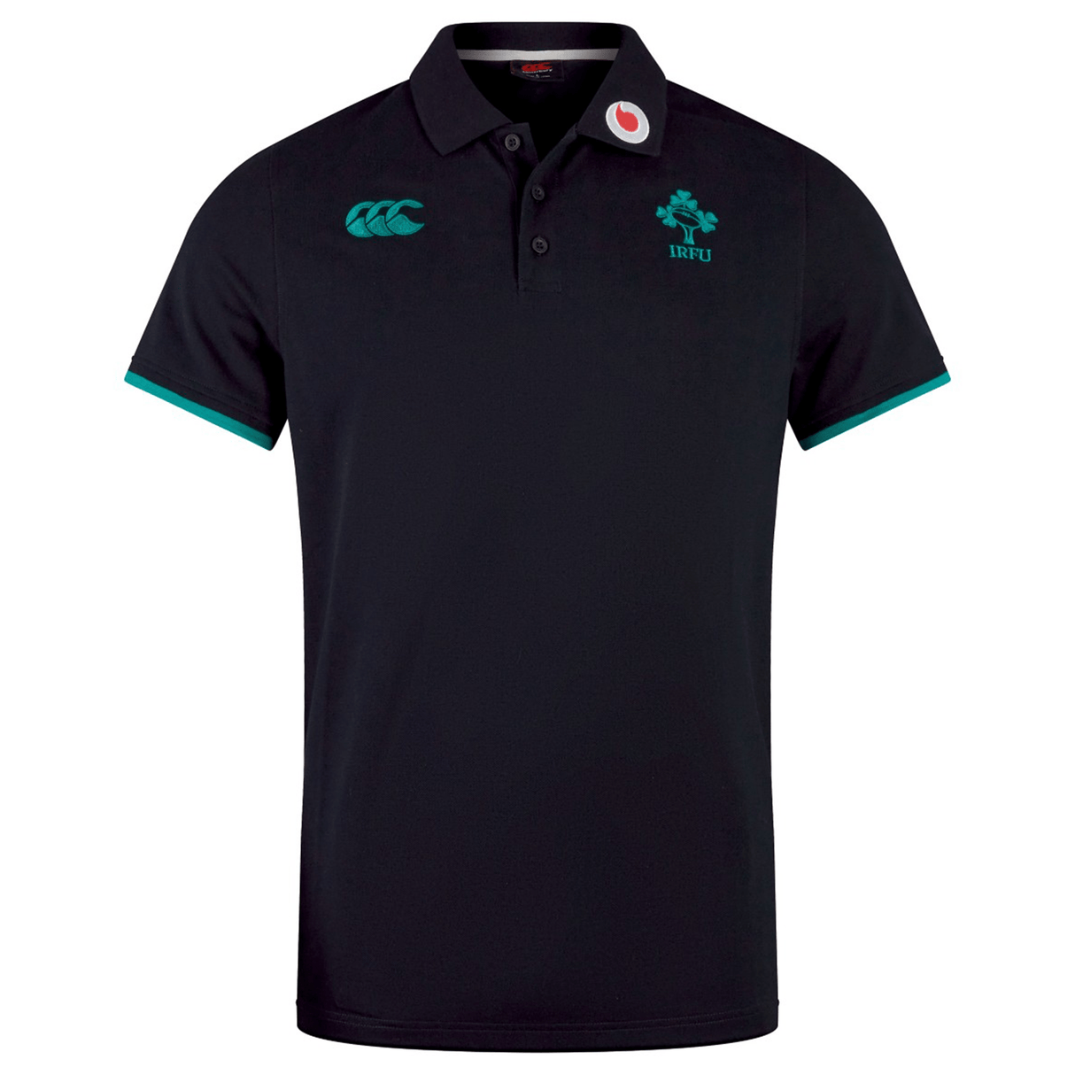 The Ireland 24 Team Polo by Canterbury is a black cotton polo with green accents, featuring a ribbed collar and cuffs, classic clover emblem, "IRFU" text, and embroidered chest logos.