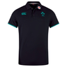 The Ireland 24 Team Polo by Canterbury is a black cotton polo with green accents, featuring a ribbed collar and cuffs, classic clover emblem, "IRFU" text, and embroidered chest logos.