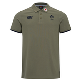 The Ireland 25/26 Team Polo by Canterbury is an olive green short-sleeve shirt with a collar, button placket, and embroidered IRFU and Canterbury logos—a classic choice for Ireland rugby fans.