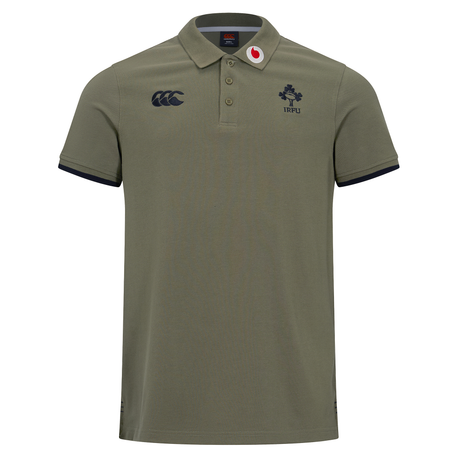The Ireland 25/26 Team Polo by Canterbury is an olive green short-sleeve shirt with a collar, button placket, and embroidered IRFU and Canterbury logos—a classic choice for Ireland rugby fans.