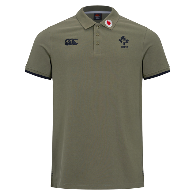 The Ireland 25/26 Team Polo by Canterbury is an olive green short-sleeve shirt with a collar, button placket, and embroidered IRFU and Canterbury logos—a classic choice for Ireland rugby fans.