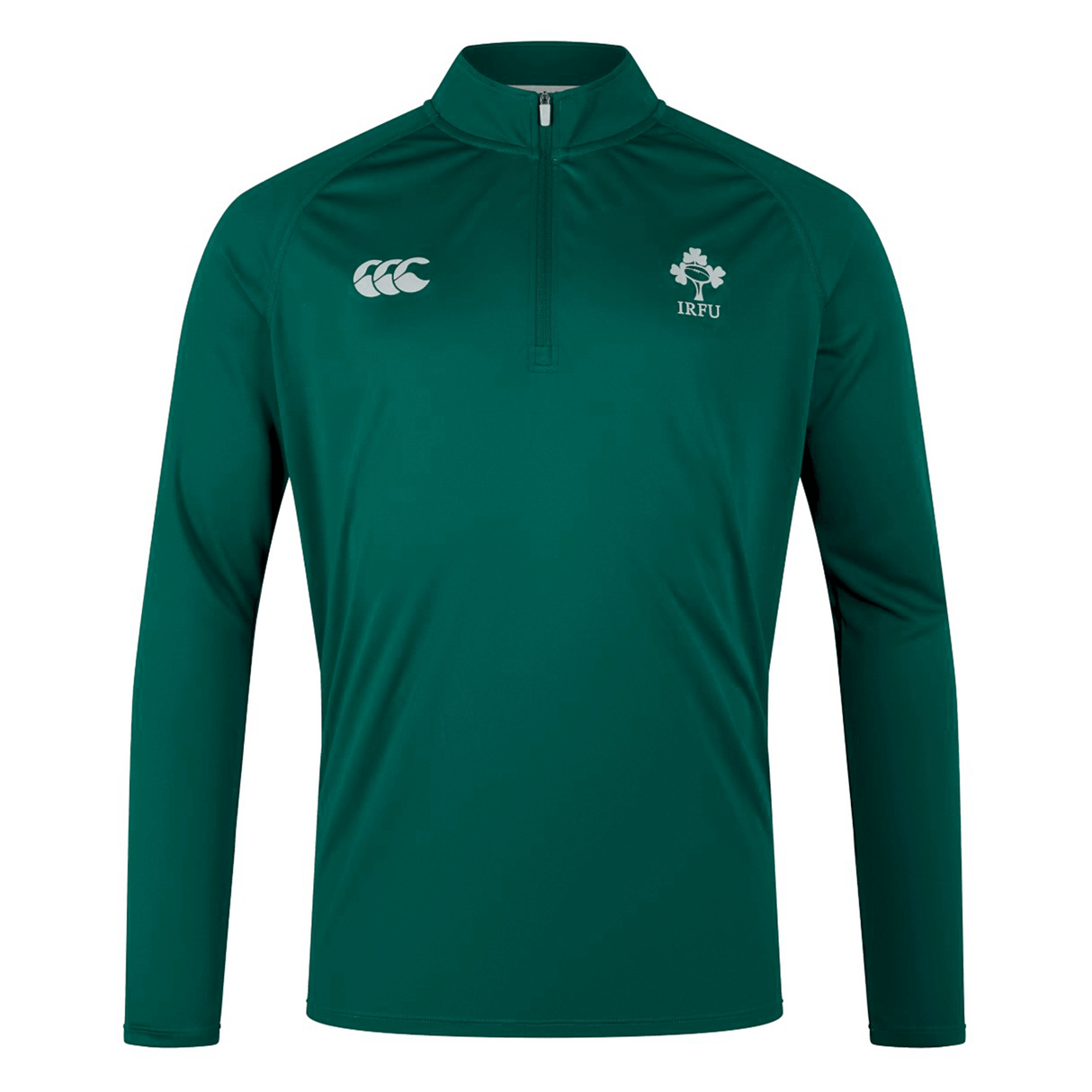 The Ireland 24 VapoDri First Layer by Canterbury is a green long-sleeve sports jacket with a quarter-zip, featuring VapoDri technology. It showcases a white logo on the left chest and a small white emblem on the right side, making it ideal for intense training sessions.