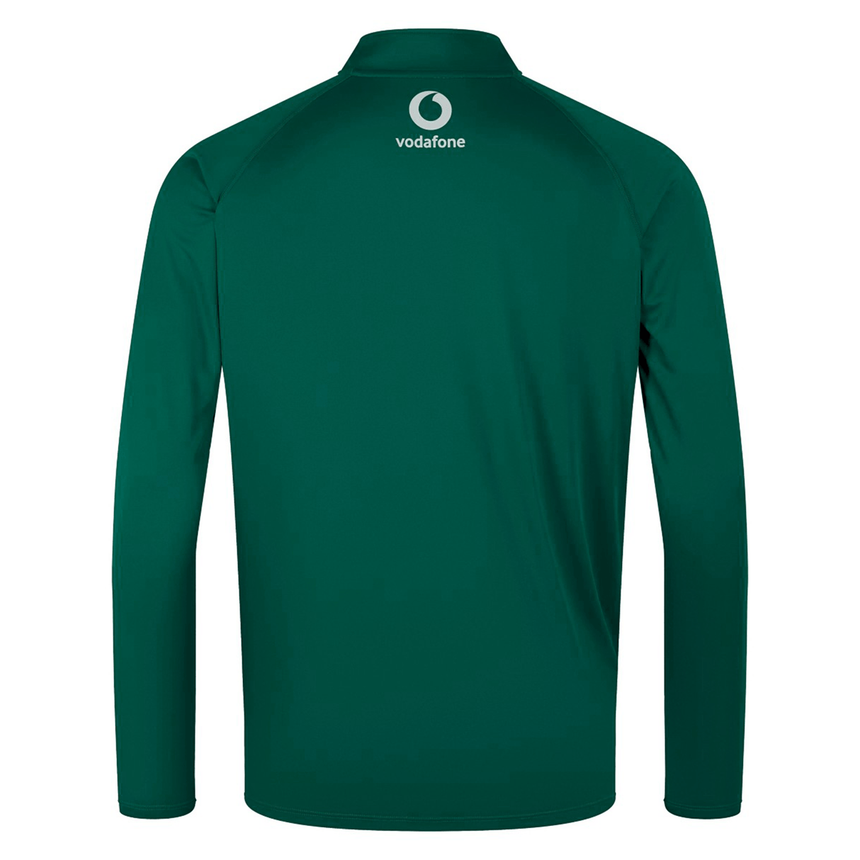 Back view of the Ireland 24 Vapodri First Layer by Canterbury, a green long-sleeve sports jersey featuring the Vodafone logo on the upper back, designed with VapoDri technology and part of Canterbury's Ireland 24 Vapodri Training collection.