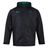 The Ireland 24 Wind Resistant Jacket by Canterbury, designed with Vaposhield technology, is a stylish black hooded jacket featuring a green interior. Adorned with a clover emblem and "IRFU" text on the left chest and the Canterbury logo on the right chest, this jacket combines functionality and team spirit.