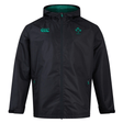 The Ireland 24 Wind Resistant Jacket by Canterbury, designed with Vaposhield technology, is a stylish black hooded jacket featuring a green interior. Adorned with a clover emblem and "IRFU" text on the left chest and the Canterbury logo on the right chest, this jacket combines functionality and team spirit.