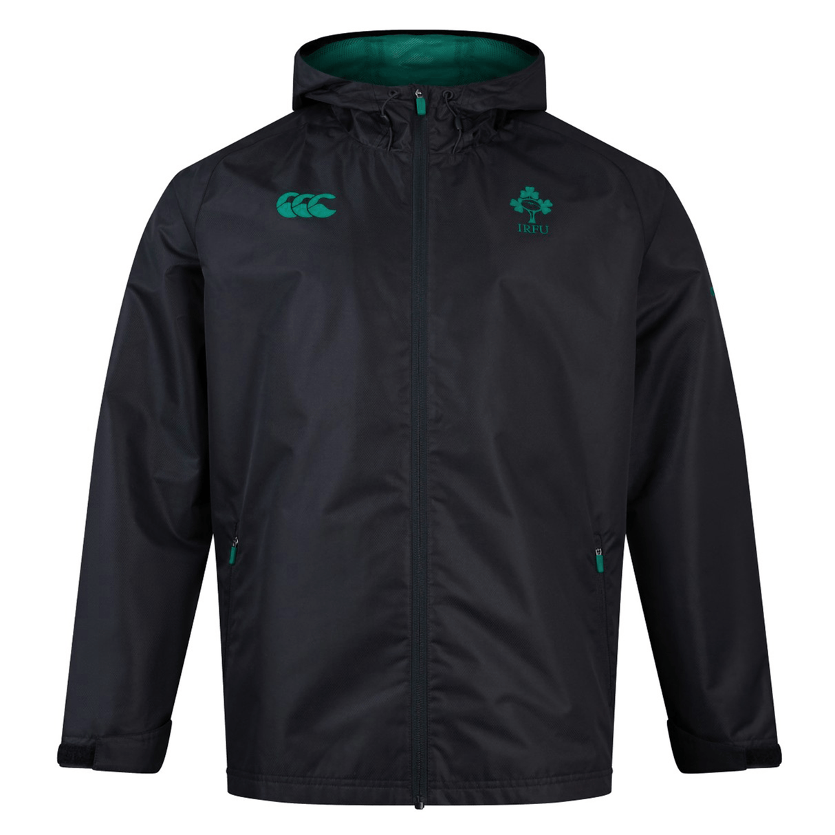 The Ireland 24 Wind Resistant Jacket by Canterbury, designed with Vaposhield technology, is a stylish black hooded jacket featuring a green interior. Adorned with a clover emblem and "IRFU" text on the left chest and the Canterbury logo on the right chest, this jacket combines functionality and team spirit.