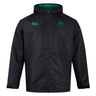The Ireland 24 Wind Resistant Jacket by Canterbury, designed with Vaposhield technology, is a stylish black hooded jacket featuring a green interior. Adorned with a clover emblem and "IRFU" text on the left chest and the Canterbury logo on the right chest, this jacket combines functionality and team spirit.