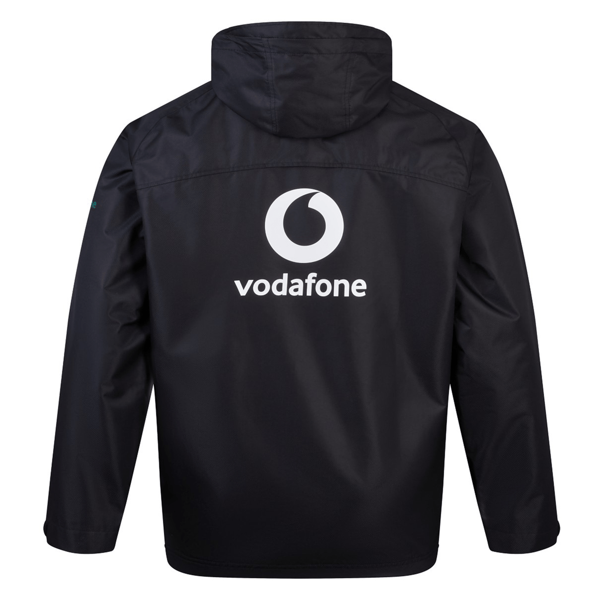 The Ireland 24 Wind Resistant Jacket by Canterbury comes in black and features a hood, Vaposhield technology, the Vodafone logo on the front, and "vodafone" written on the back.