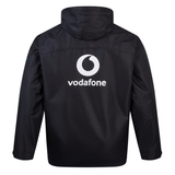 The Ireland 24 Wind Resistant Jacket by Canterbury comes in black and features a hood, Vaposhield technology, the Vodafone logo on the front, and "vodafone" written on the back.