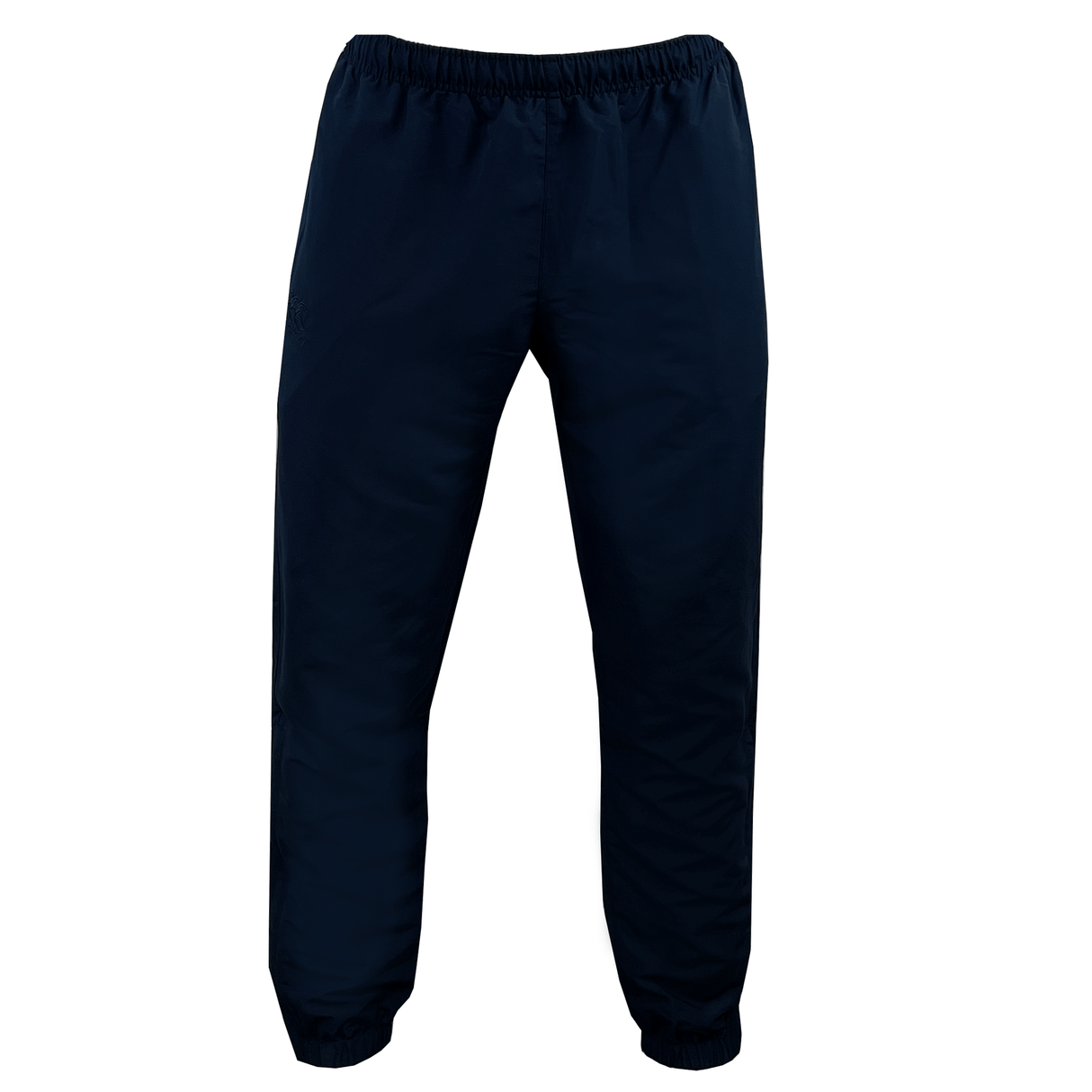 The Canterbury Team Tonal Taper Leg Cuffed Trackpant in dark blue features an elastic waistband and cuffs, offering a tapered fit. Designed for comfort and breathability, these pants are showcased against a white background.