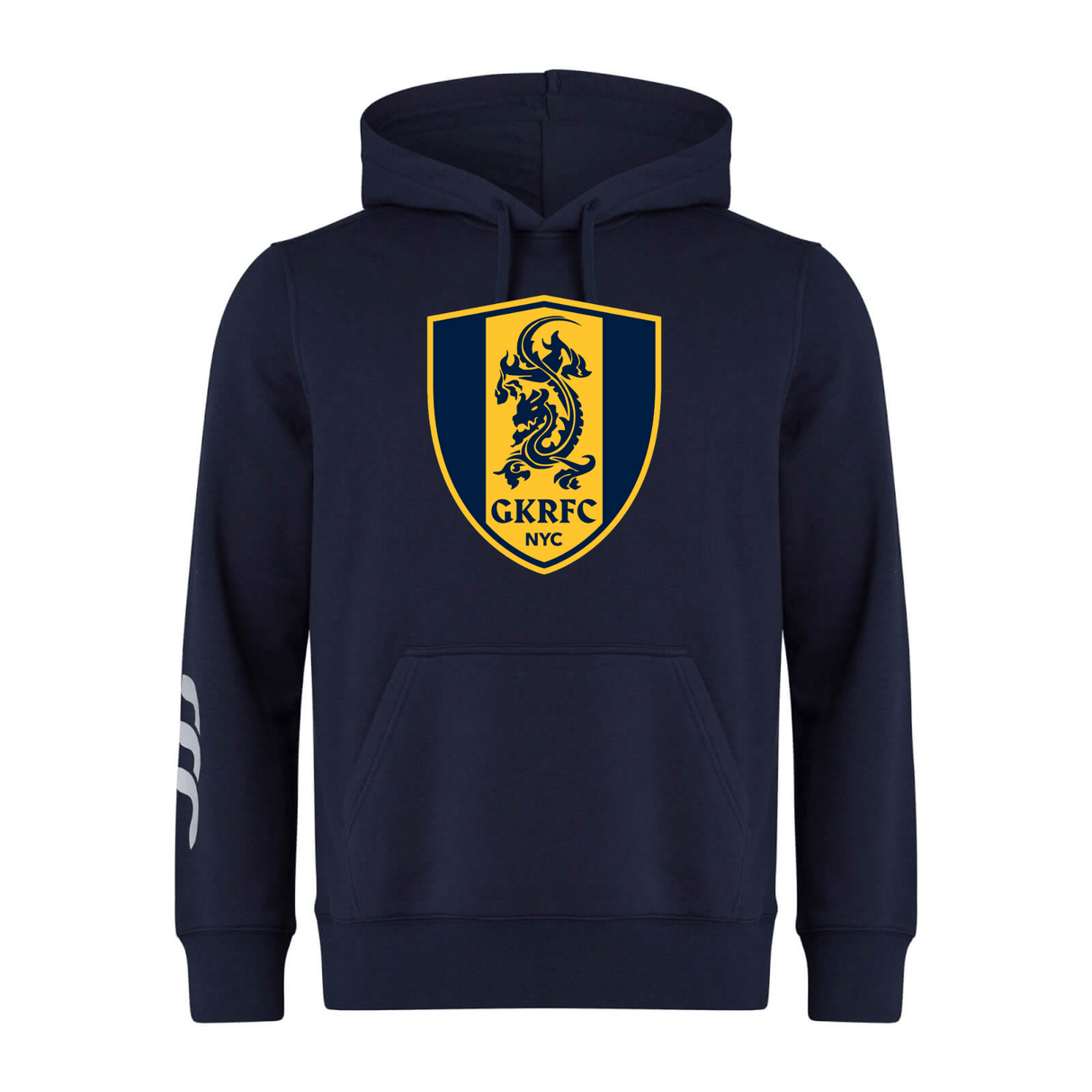 Navy blue Gotham Knights Club Hoodie by WRS Canterbury, featuring a large crest on the front with a lion and the letters "GKRFC NYC." The sleeve is adorned with three white stripes near the cuff.