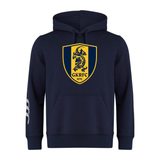 Navy blue Gotham Knights Club Hoodie by WRS Canterbury, featuring a large crest on the front with a lion and the letters "GKRFC NYC." The sleeve is adorned with three white stripes near the cuff.