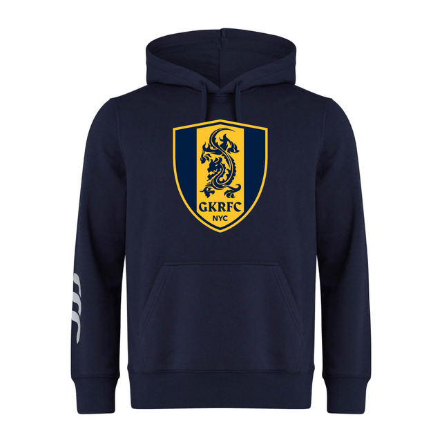 Navy blue Gotham Knights Club Hoodie by WRS Canterbury, featuring a large crest on the front with a lion and the letters "GKRFC NYC." The sleeve is adorned with three white stripes near the cuff.