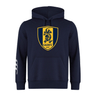 Navy blue Gotham Knights Club Hoodie by WRS Canterbury, featuring a large crest on the front with a lion and the letters "GKRFC NYC." The sleeve is adorned with three white stripes near the cuff.