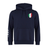 The EMB Canterbury Italy Shield Club Hoodie in navy blue showcases a tricolor shield patch on the chest and a white striped design on the right sleeve.