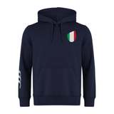 The EMB Canterbury Italy Shield Club Hoodie in navy blue showcases a tricolor shield patch on the chest and a white striped design on the right sleeve.