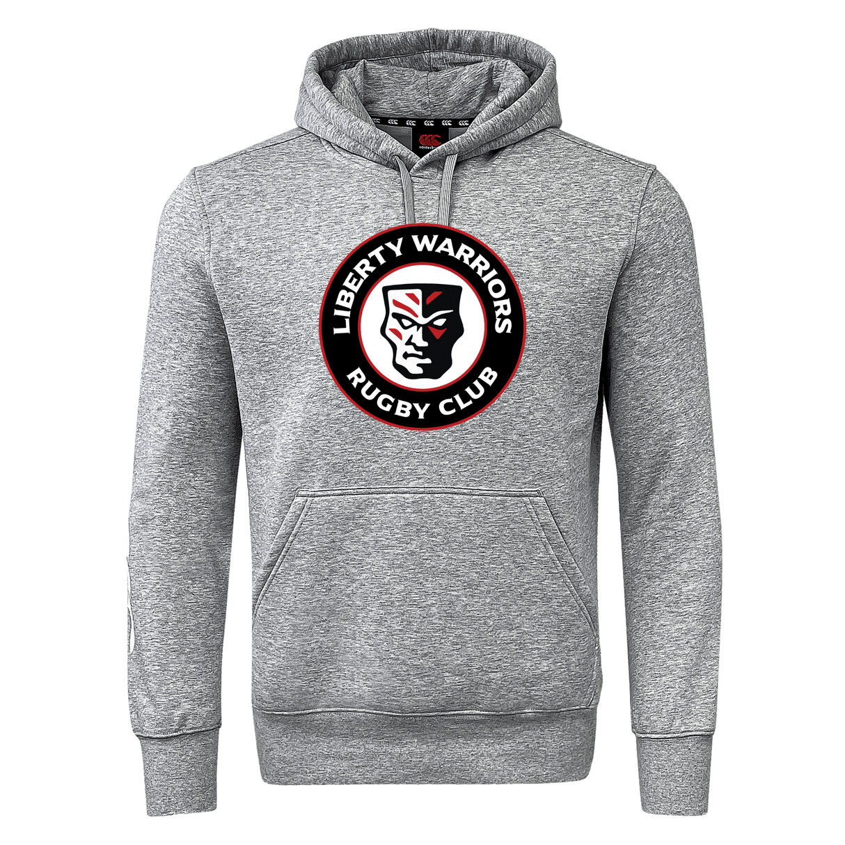 Introducing the Liberty Lake Warriors Club Hoodie by WRS Canterbury: a gray hoodie adorned with the "Liberty Warriors Rugby Club" logo and a stylized face design on the front. Crafted from soft sweatshirt fleece, this hoodie offers unbeatable comfort and coziness.