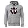 Introducing the Liberty Lake Warriors Club Hoodie by WRS Canterbury: a gray hoodie adorned with the "Liberty Warriors Rugby Club" logo and a stylized face design on the front. Crafted from soft sweatshirt fleece, this hoodie offers unbeatable comfort and coziness.