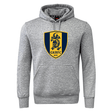 Gotham Knights Club Hoodie by Canterbury: A gray hoodie featuring a front pocket, adorned with a navy and yellow crest of a dragon and the letters "GKRFC NYC" in the center. Made from premium sweatshirt fleece, this Rugby Club Hoodie also boasts Canterbury sleeve branding for added style.
