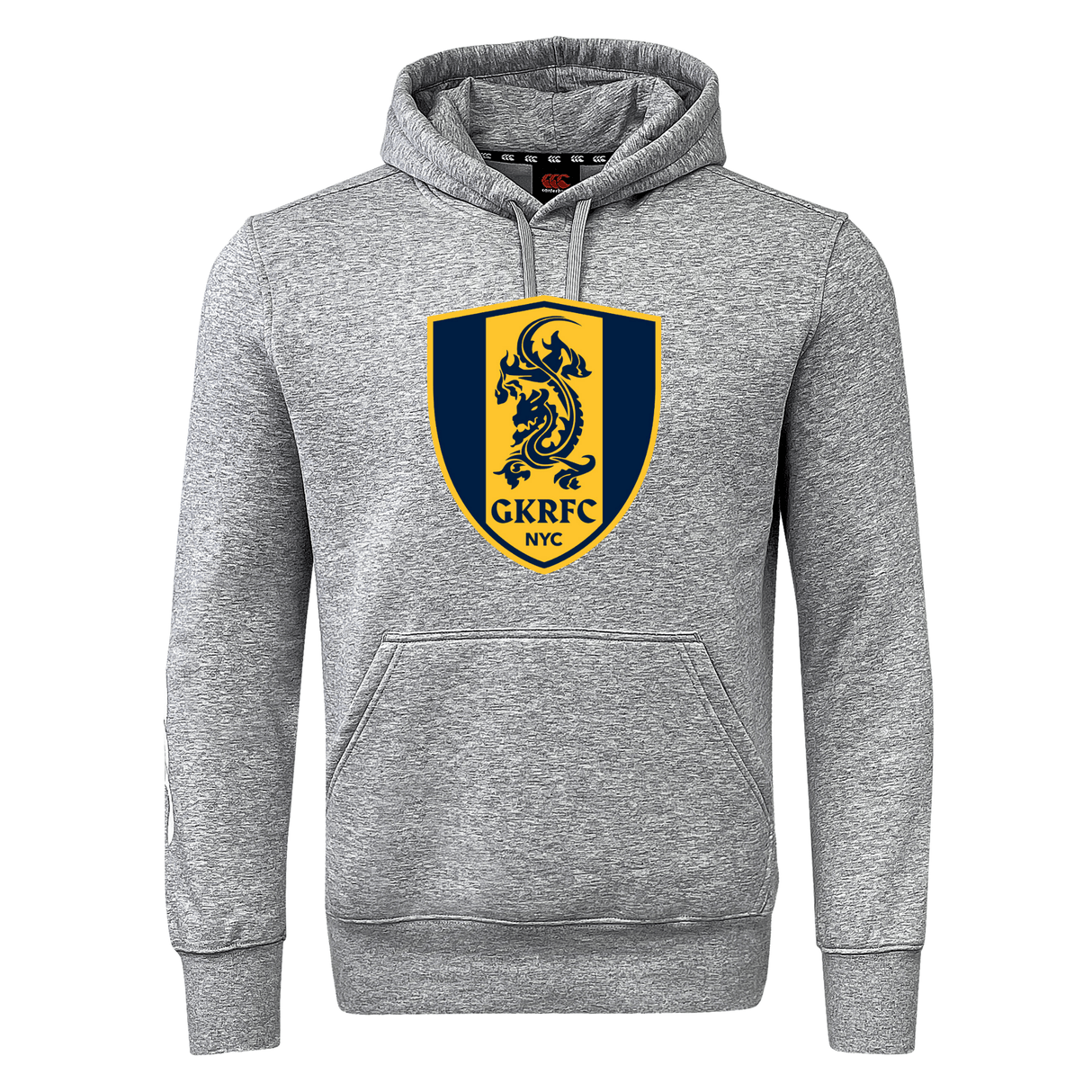 Gotham Knights Club Hoodie by Canterbury: A gray hoodie featuring a front pocket, adorned with a navy and yellow crest of a dragon and the letters "GKRFC NYC" in the center. Made from premium sweatshirt fleece, this Rugby Club Hoodie also boasts Canterbury sleeve branding for added style.