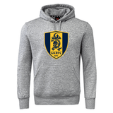Gotham Knights Club Hoodie by Canterbury: A gray hoodie featuring a front pocket, adorned with a navy and yellow crest of a dragon and the letters "GKRFC NYC" in the center. Made from premium sweatshirt fleece, this Rugby Club Hoodie also boasts Canterbury sleeve branding for added style.