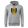 Gotham Knights Club Hoodie by Canterbury: A gray hoodie featuring a front pocket, adorned with a navy and yellow crest of a dragon and the letters "GKRFC NYC" in the center. Made from premium sweatshirt fleece, this Rugby Club Hoodie also boasts Canterbury sleeve branding for added style.