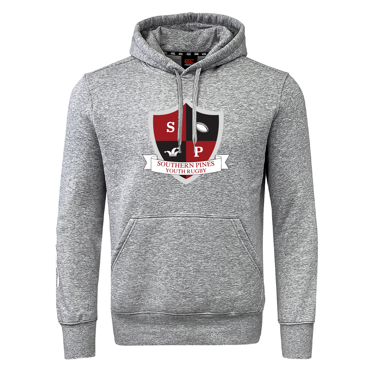 The Southern Pines Youth Rugby Club Hoodie by WRS Canterbury is a gray rugby hoodie made from premium fleece, featuring a front pocket and bold shield logo with "SP," a rugby ball, horse, and a "Southern Pines Youth Rugby" banner. Customization options are available for personalization.