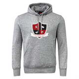 The Southern Pines Youth Rugby Club Hoodie by WRS Canterbury is a gray rugby hoodie made from premium fleece, featuring a front pocket and bold shield logo with "SP," a rugby ball, horse, and a "Southern Pines Youth Rugby" banner. Customization options are available for personalization.