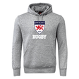 Gray hoodie with "Dwight Rugby Club Hoodie by Canterbury" logo featuring a red lion crest on the chest, kangaroo pocket, and adjustable drawstring hood.
