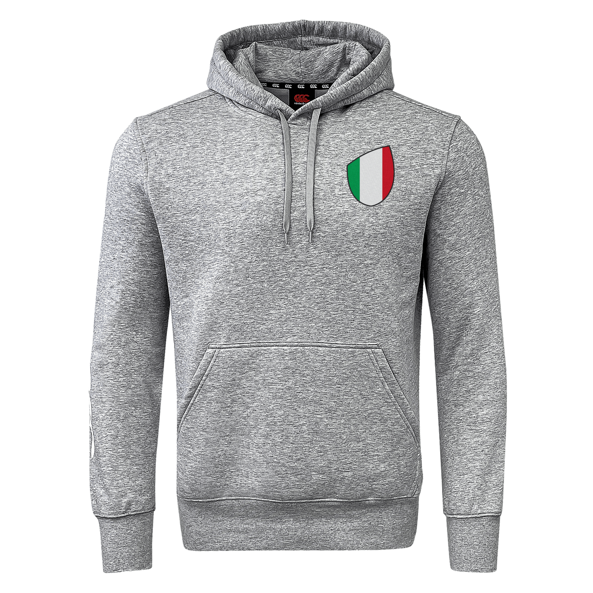 The EMB Canterbury Italy Shield Club Hoodie is gray, has a front pocket, and features a small Italian flag shield emblem on the chest.